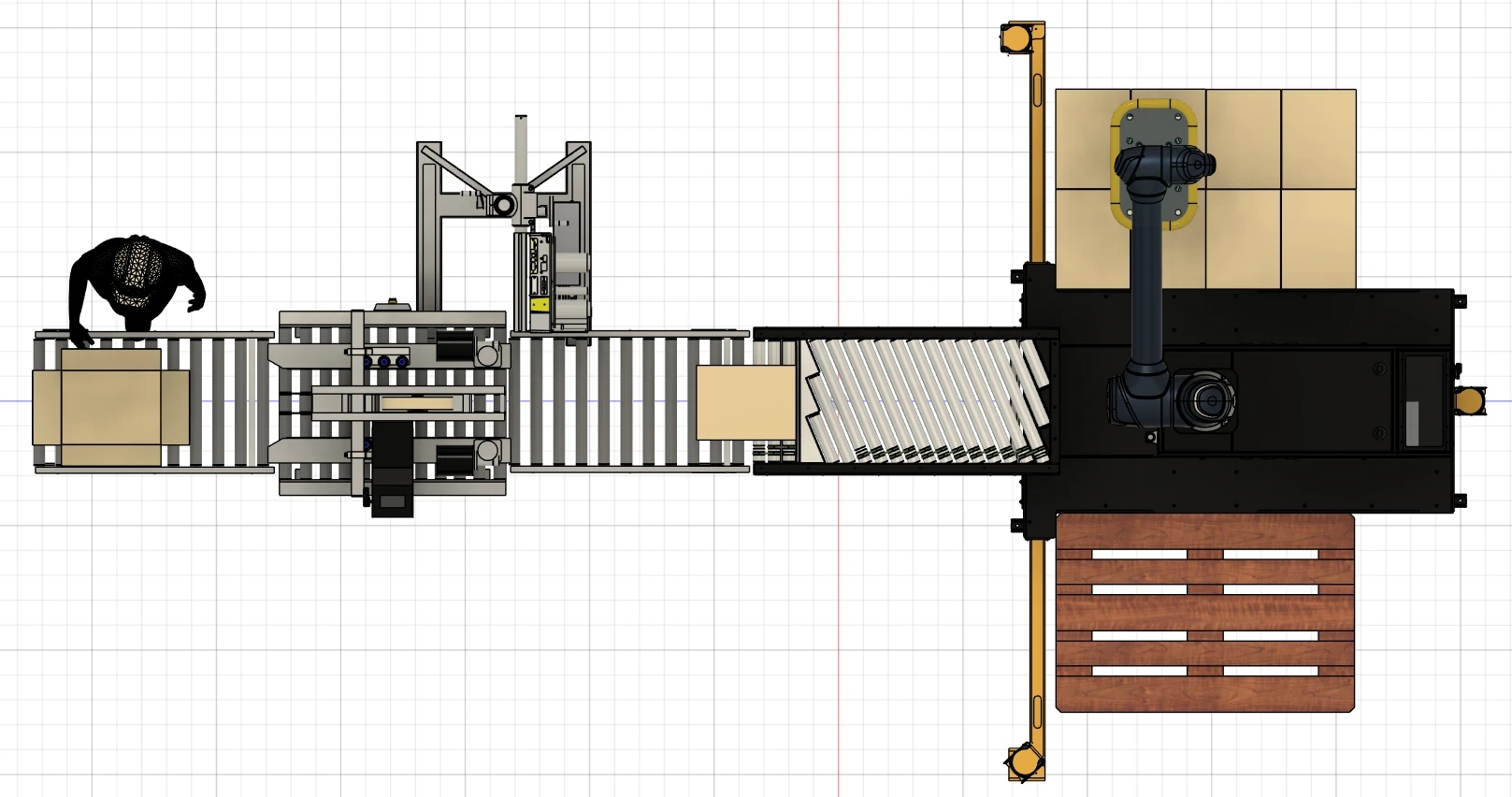 Layout top-view pentru integrarea Stackbot într-un flux End-of-Line cu conveior