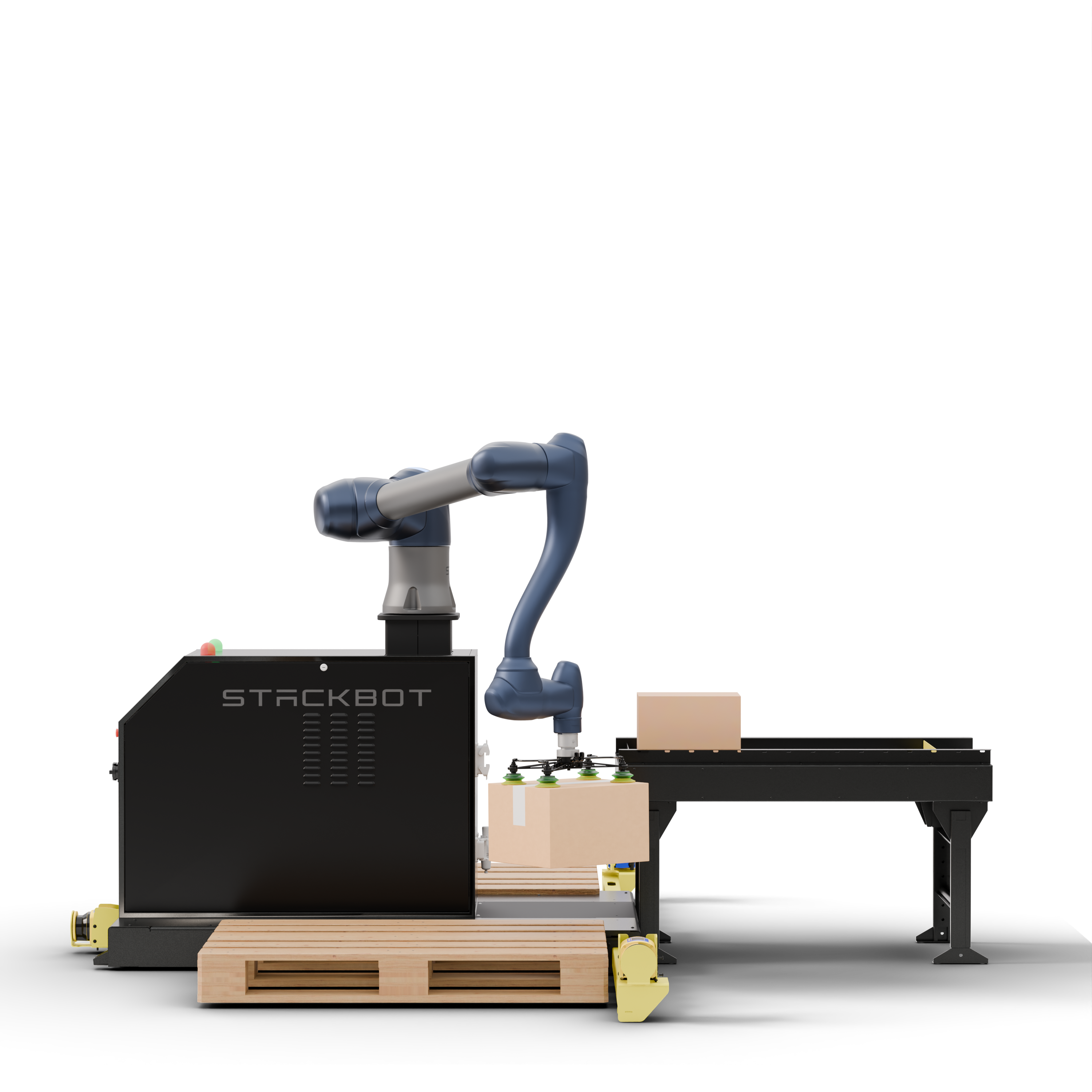 Stackbot — sistem complet de paletizare automata cu brat robot, StackFeeder si platforma mobila